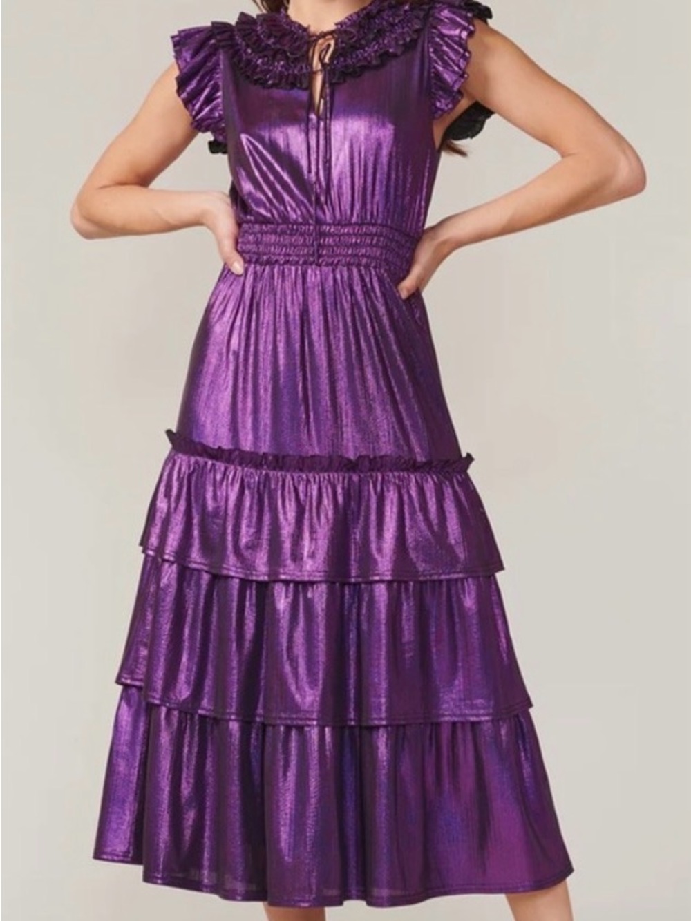 ADELYN RAE BARBARA METALLIC RUFFLED MIDI DRESS NWT